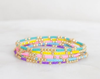 Olivia | 3mm 14k gold filled beads 2mm seed bead stretch bracelet | custom size beaded stacking waterproof minimalist bracelet