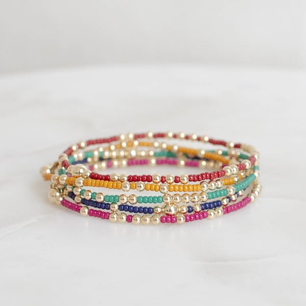 Olivia | 3mm 14k gold filled beads 2mm seed bead stretch bracelet | custom size beaded stacking waterproof bracelet gift | minimalist