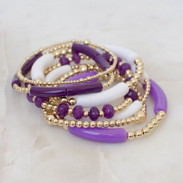 Game Day Stack - purple + white | gold filled bead stacking bracelet for women | tube bead stretch bracelet gift | school color bracelet
