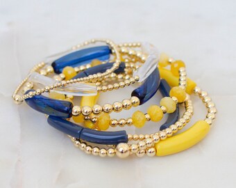 Game Day Stack - navy + yellow | gold filled bead stacking bracelet | tube bead stretch bracelet gift | custom school color bracelet stack