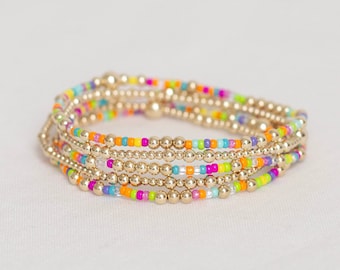 Pool Party: Hello Summer | 14k Gold Filled Bracelet | tiny beaded stretch bracelet | summer bracelet stack pink yellow purple blue beads
