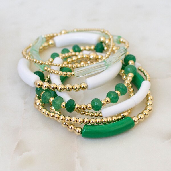 Game Day Stack - green + white | gold filled bead stacking bracelet | tube bead stretch bracelet gift | custom school color bracelet stack