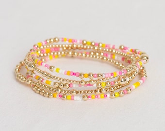 Pink Lemonade: Hello Summer | 14k Gold Filled Bracelet | tiny beaded stretch bracelet | summer bracelet stack pink yellow gold beads