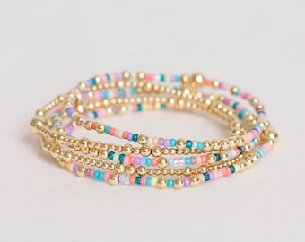 Summer Sunset: Hello Summer | 14k Gold Filled Bracelet | tiny beaded stretch bracelet | summer bracelet stack pink yellow gold beads