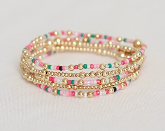 Watermelon Sugar: Hello Summer | 14k Gold Filled Bracelet | tiny beaded stretch bracelet | summer bracelet stack pink green gold beads