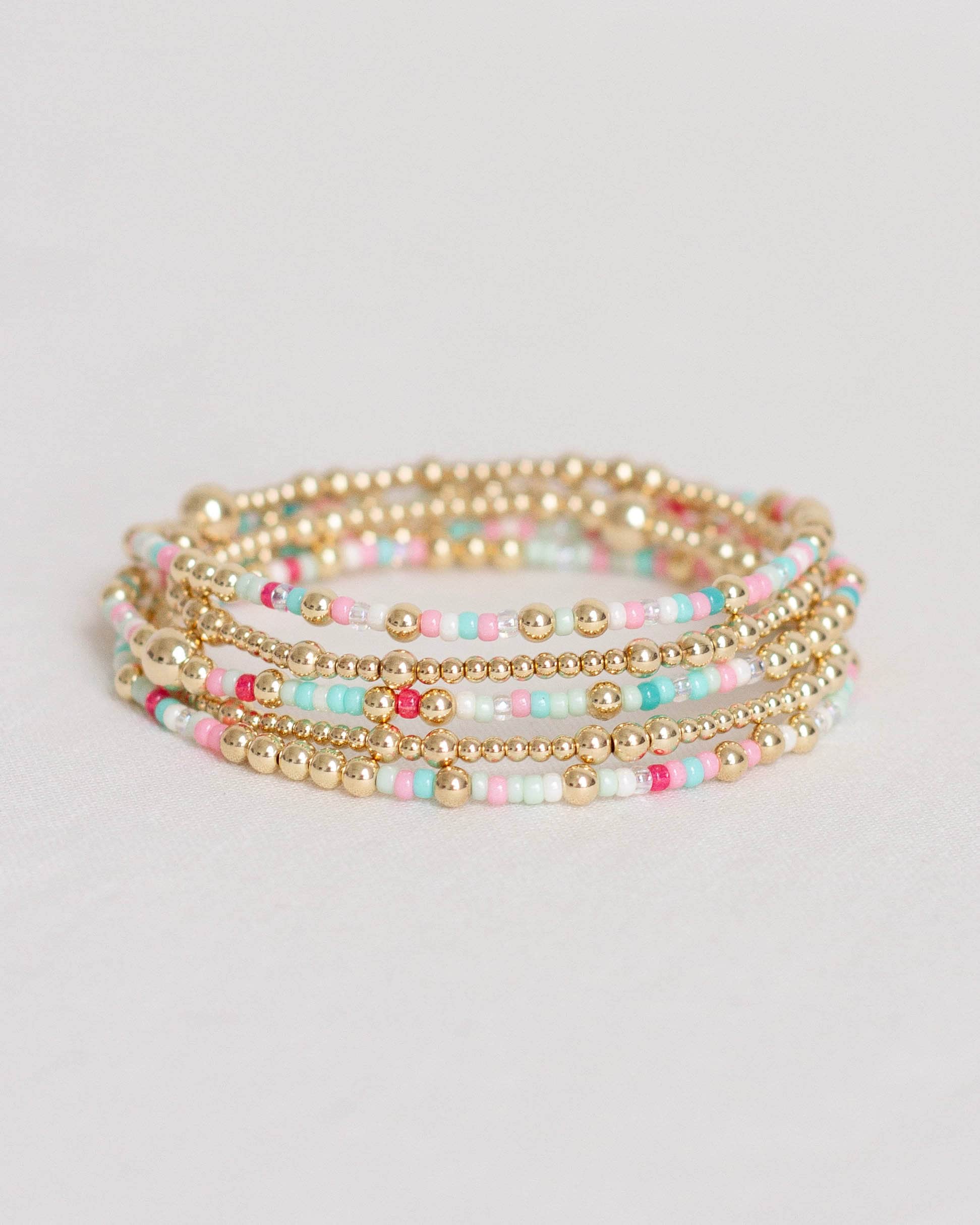 Palm Springs: Hello Summer | 14k Gold Filled Bracelet | tiny beaded stretch bracelet | summer bracelet stack pink teal gold beads