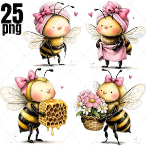Coquette Bee Clipart, Pink Bow Bumblebee PNG, Watercolor Honey Bee Sublimation (25 Transparent)