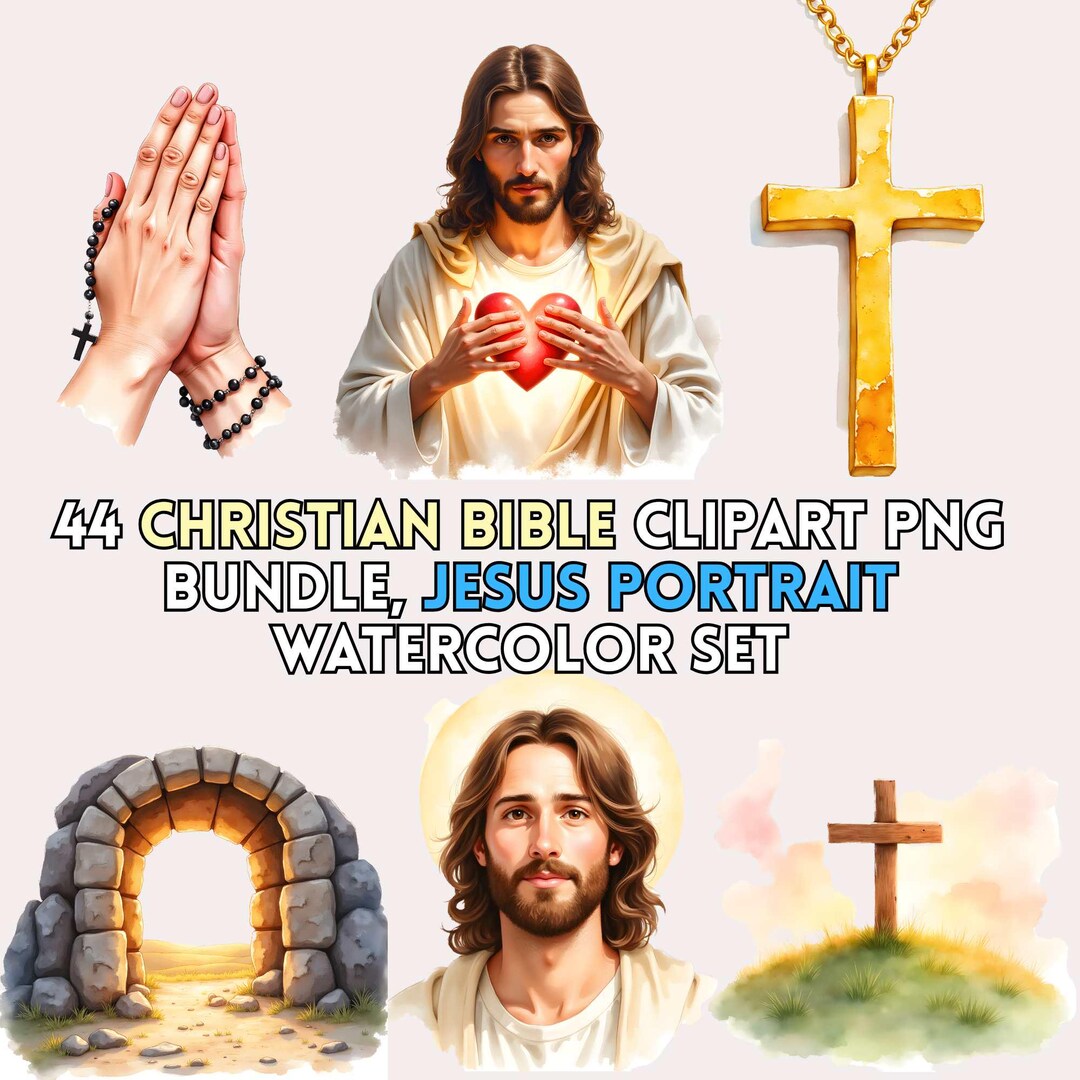 44 Christian Bible Clipart PNG Bundle, Jesus Portrait Watercolor Set ...