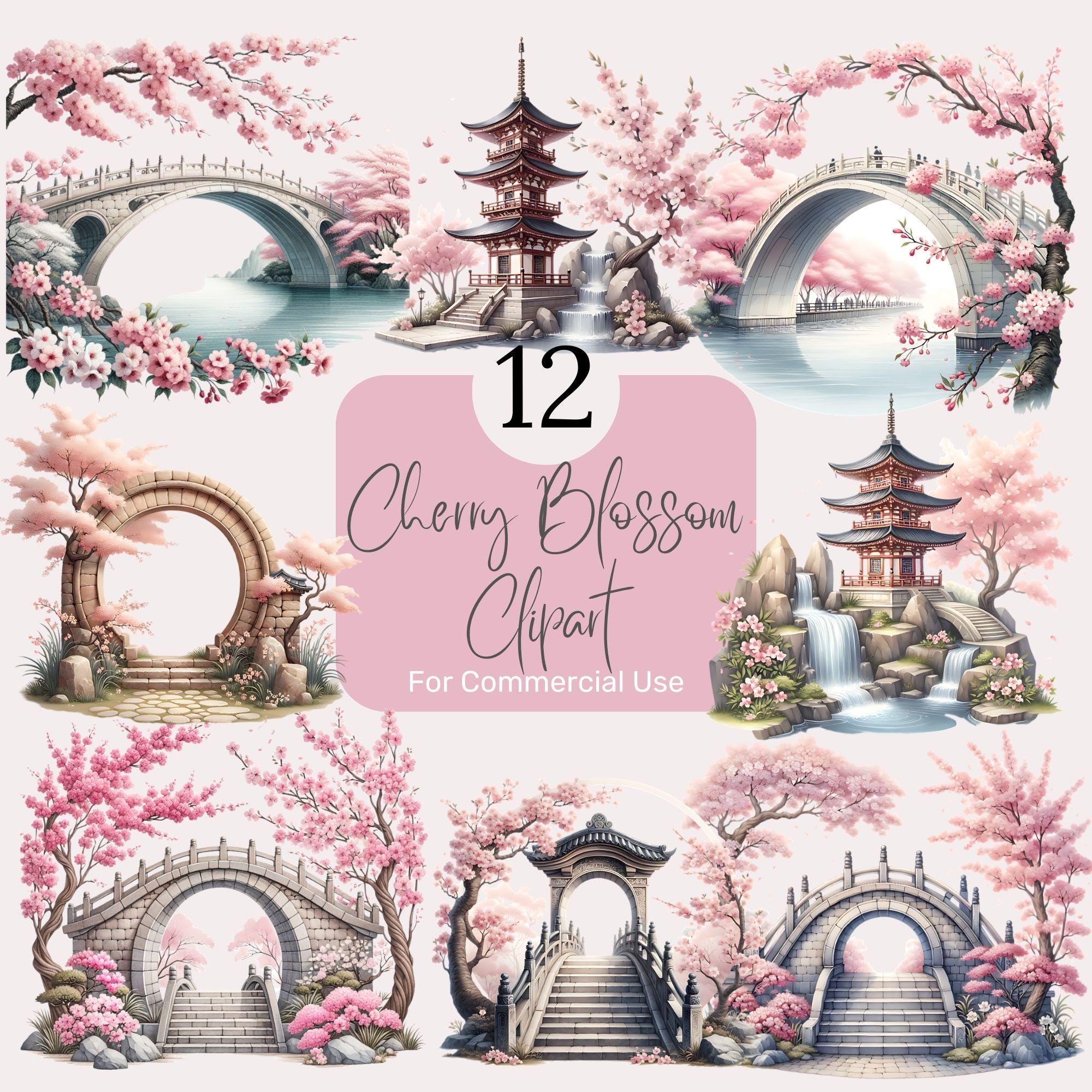 Cherry Blossom Clipart Japanese Garden Watercolor PNG (commercial Use ...
