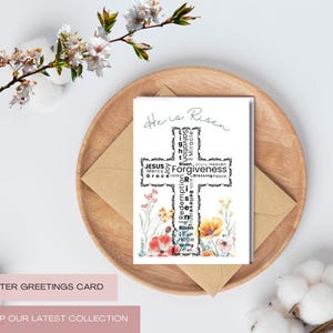 Ele ressuscitou Palavra Arte Cruz Cartão de Páscoa Cartão Cristão para impressão Escritura do Domingo da Ressurreição Download digital Saudação religiosa de Páscoa