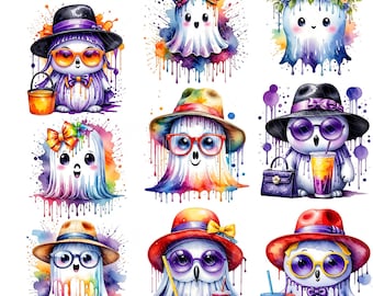 Summerween Ghost Clipart Bundle, Watercolor Splash, Halloween PNGs (Commercial Use)