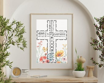 Arte mural floral con cruz cristiana, imprimible, con versículo bíblico inspirador, descarga digital religiosa para decoración del hogar, ideal para colgar en la pared en Pascua.