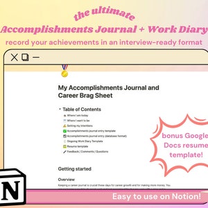 Accomplishments Journal and Work Diary Notion Template | Brag Sheet | Career Journal | Career Development | Achievement Tracker