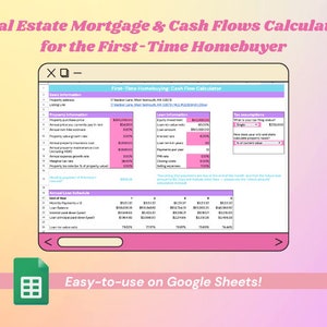 May include: A pink and white Google Sheet spreadsheet with the title "Real Estate Mortgage & Cash Flows Calculator for the First-Time Homebuyer". The spreadsheet includes sections for basic information, property information, loan information, tax assumptions, and an annual loan schedule.