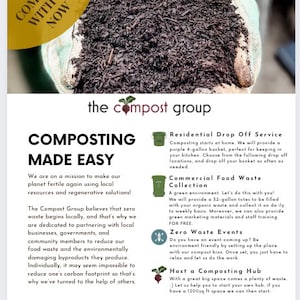 Könnte beinhalten: Werbung für The Compost Group, mit Kompost in behandschuhten Händen. Der Text bewirbt Kompostierungsdienste, einschließlich Abholung für Privathaushalte, gewerbliche Abfallentsorgung und Zero-Waste-Veranstaltungen. Kontaktinformationen werden bereitgestellt.
