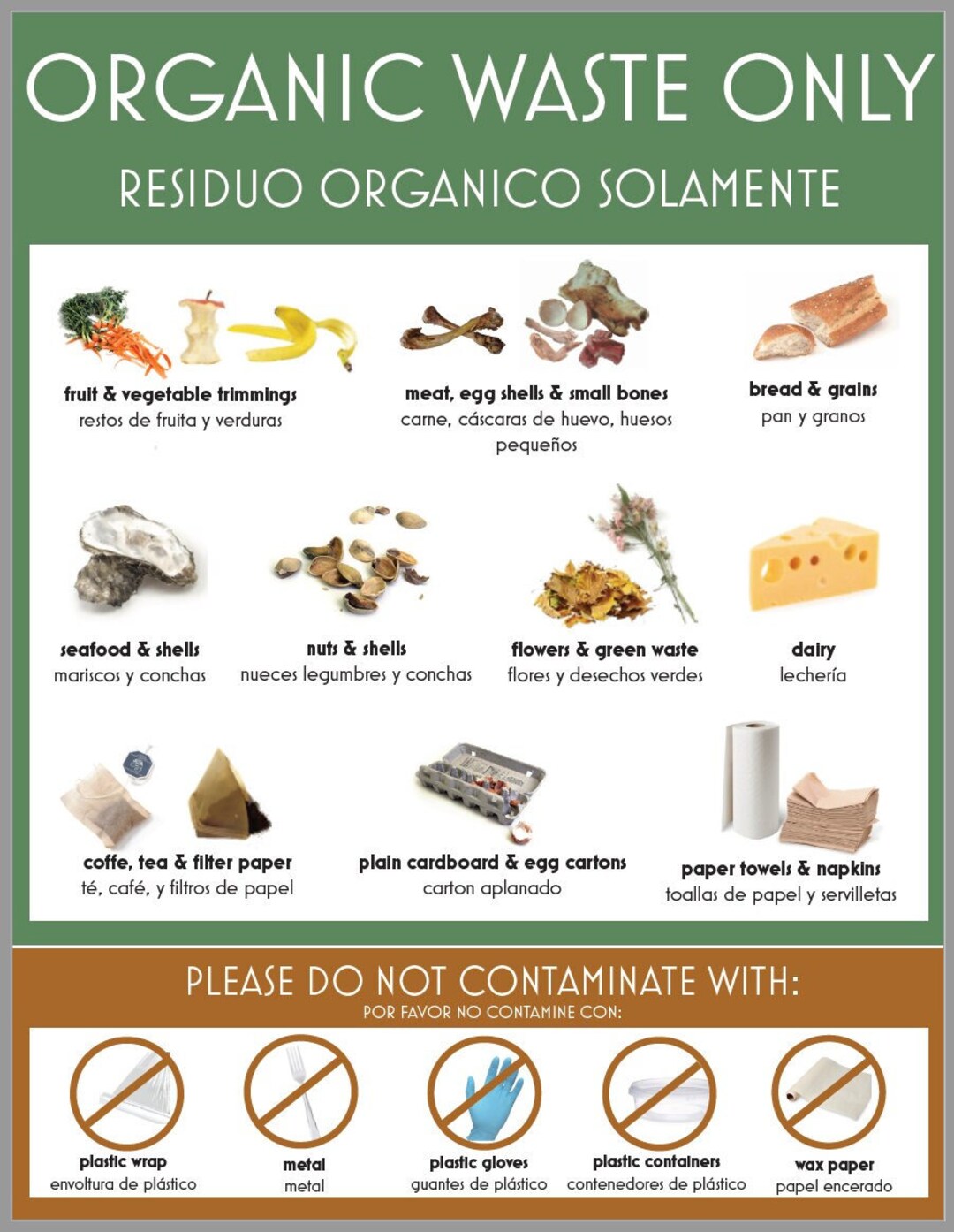 Organic Waste Only Sign English & Spanish Etsy