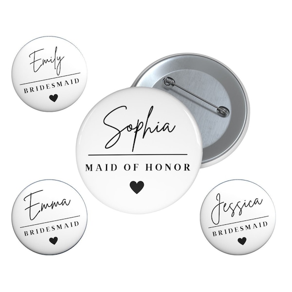 Personalized Wedding Party Name Pins, Bridal Party pin, Bachelorette Bridesmaid Matron of Honor Proposal Gift, pinback button