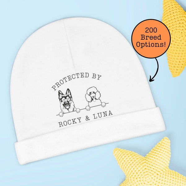 Custom Dog Breed Beanie, Protected By Dog Baby Newborn Beanies, Personalized Dog Name Beanie for Kids, Dog Sibling Outfit, Baby Shower Gift