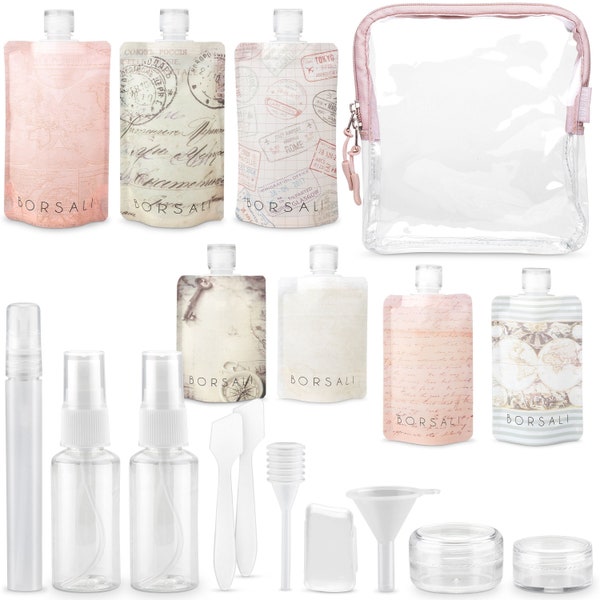 Travel Size Bottles for Toiletries with TSA Approved Clear Bag - Reusable, Light Weight, 18 Piece Set for Includes Empty Mini Atomizer
