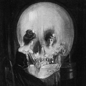 May include: A black and white illustration of a woman looking into a mirror shaped like a skull. The woman is wearing a dark dress and has her hair pulled back. The reflection in the mirror shows the woman's face, but the rest of her body is obscured by the skull.