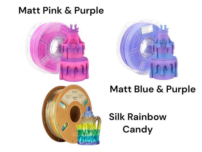May include: Three spools of filament for 3D printing. The first spool is pink and purple, the second is blue and purple, and the third is a rainbow color. Each spool is labeled with the filament type and color.