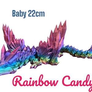 May include: A rainbow-colored crystal dragon figurine, 22 cm long, with a spiky, textured design. Baby 22cm Rainbow Candy.