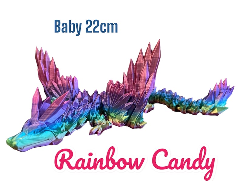 May include: A rainbow-colored crystal dragon figurine, 22 cm long, with a spiky, textured design. Baby 22cm Rainbow Candy.
