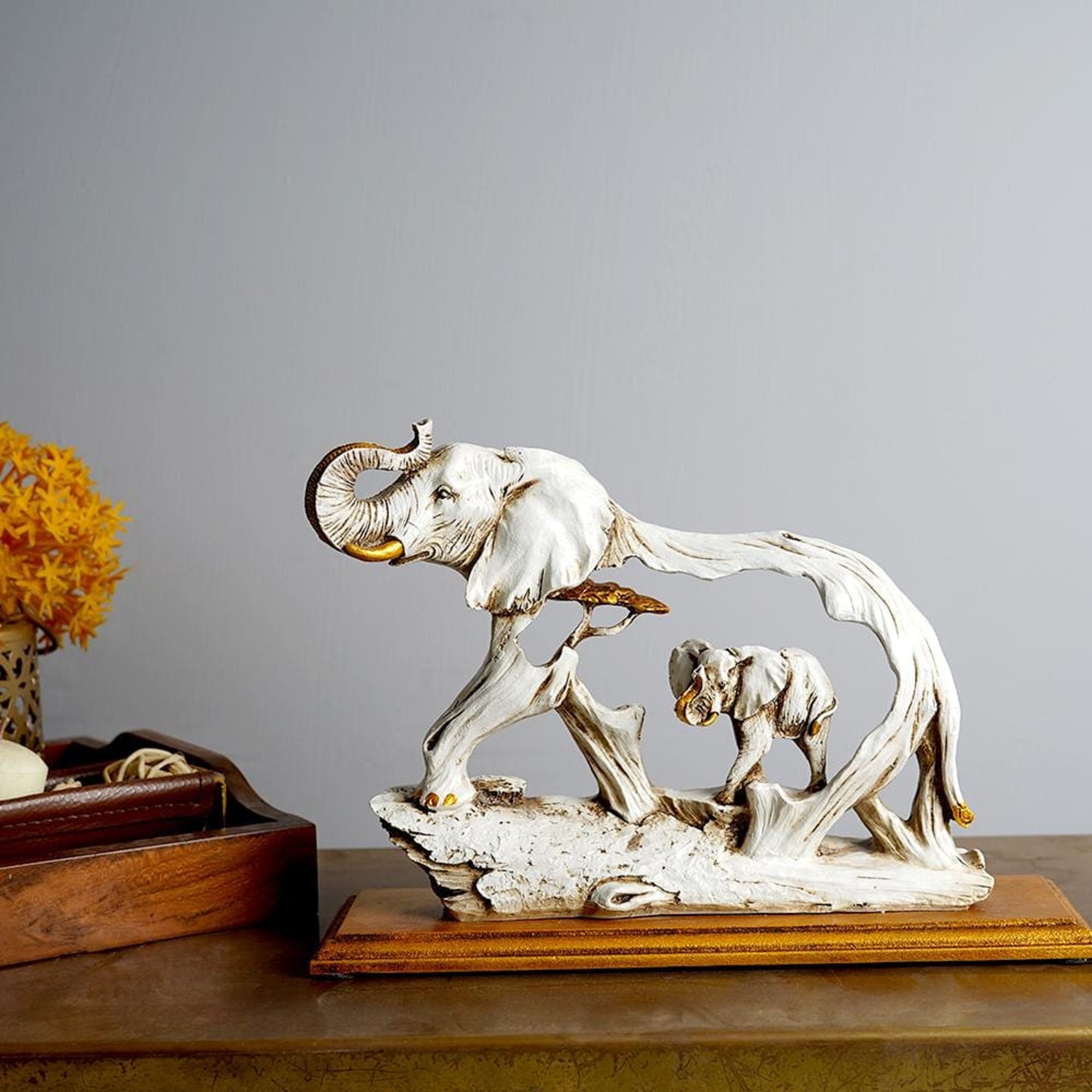 Feng Shui Golden Elephant Showpiece with Wooden Base, Elephant Statue for gift, Good Luck Gift, Father's Day gift
