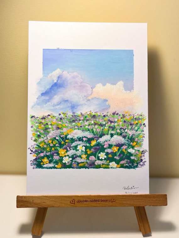 オリジナル手描きオイルパステル画：花咲く草原、雲景（5 1/2 x 8 1/4