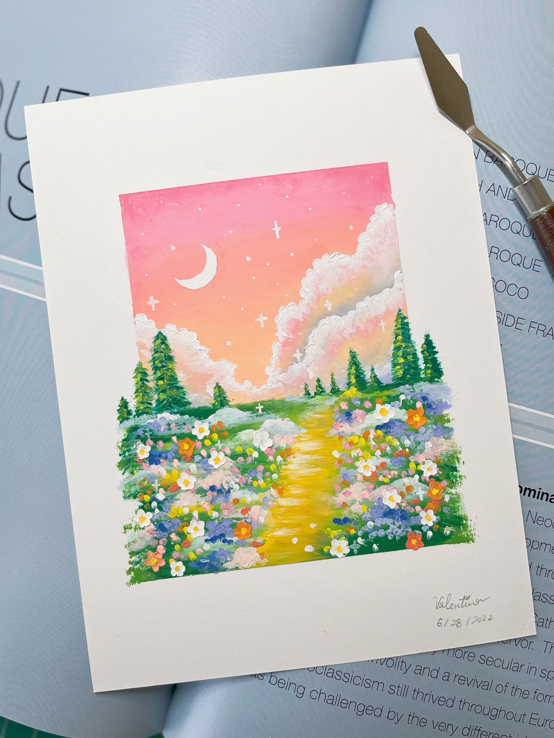手描きソフトオイルパステル画 - 花、雲、ホームデコレーション