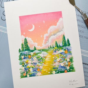 Hand Painted Floral Oil Pastel Painting: Sunset Landscape Art (6x8 inches)