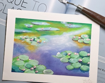 Hand Painted Oil Pastel Art Painting - water lily, Monet style, impressionism, Wall Art, Decoration, Gift 6 x 8