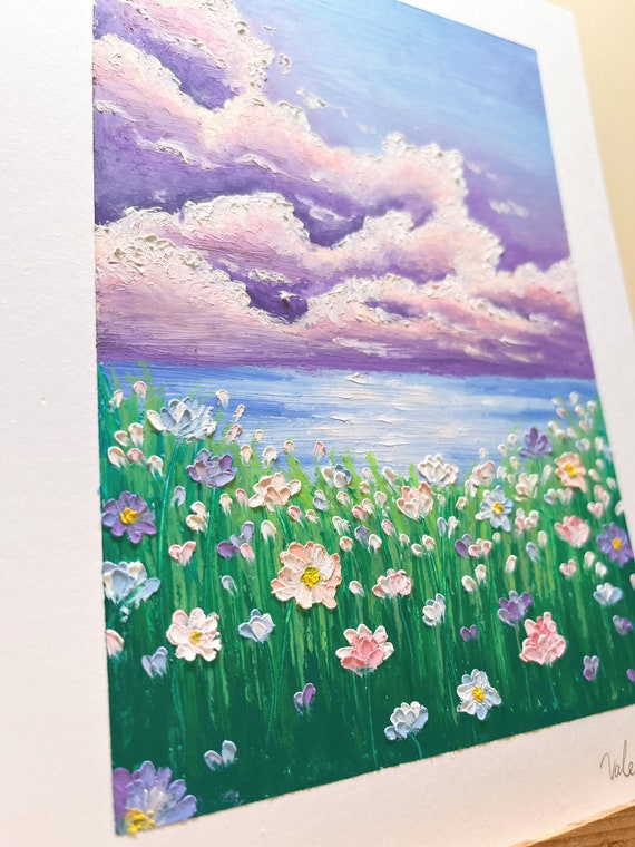 Hand Painted Oil Soft Pastel Art Painting Flowers, Clouds, Wall