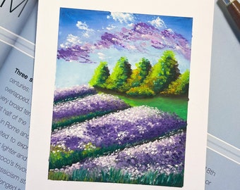 Hand Painted Soft Oil Pastel Art Painting - Lavender Farm, Table Art, Wall Art, Decoration, Gift 5 1/2 x 8 1/4