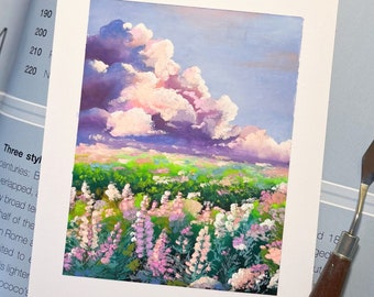 Hand Painted Oil Soft Pastel Art Painting - Flowers, Clouds, Wall Art, Decoration, Gift 6 x 8 9x12