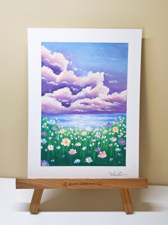 オリジナル手描きオイルパステル画：花と雲、6x8インチのアート作品