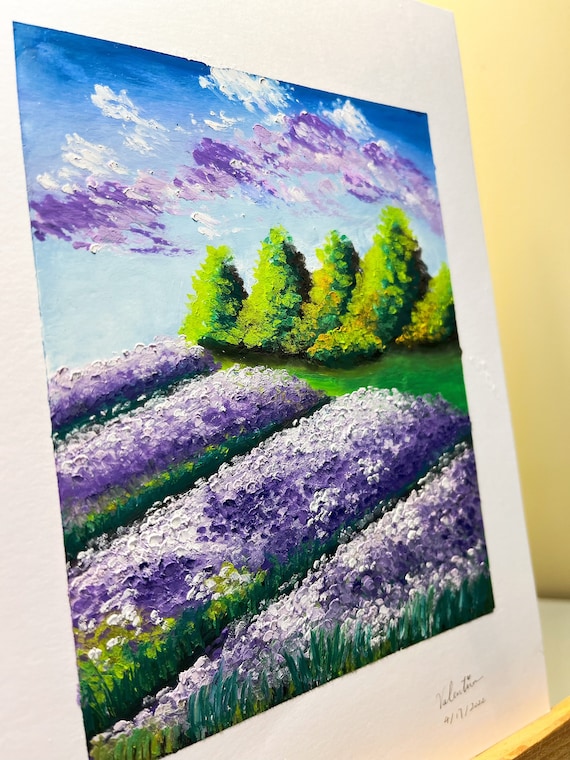 Original Hand-painted Lavender Field Oil Pastel Painting (5 1/2 X