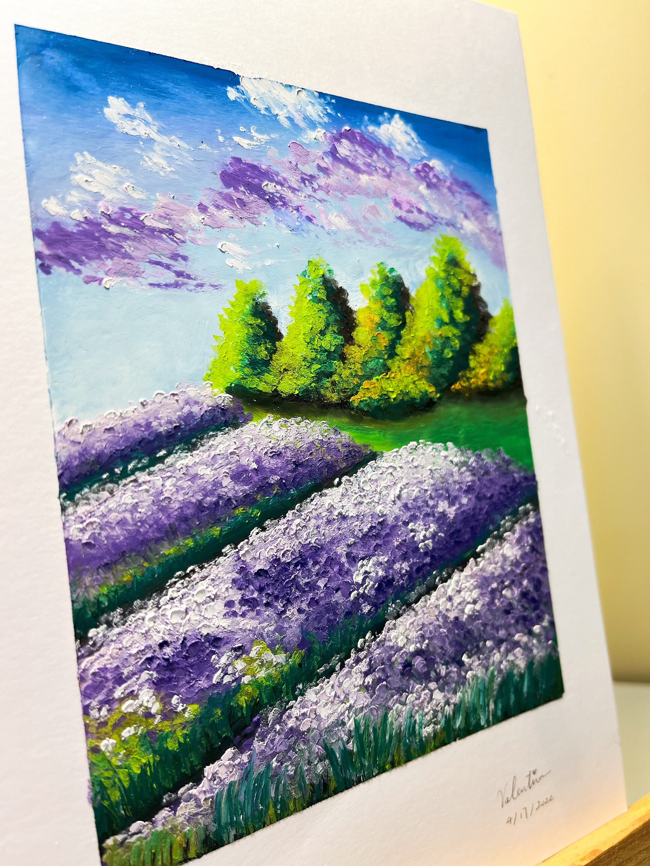 Original Hand-painted Lavender Field Oil Pastel Painting (5 1/2 X
