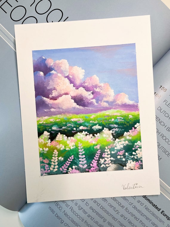 手描きオイルパステル画 手描きのオイルパステル画：花の雲景アート（6x8） - Etsy 日本