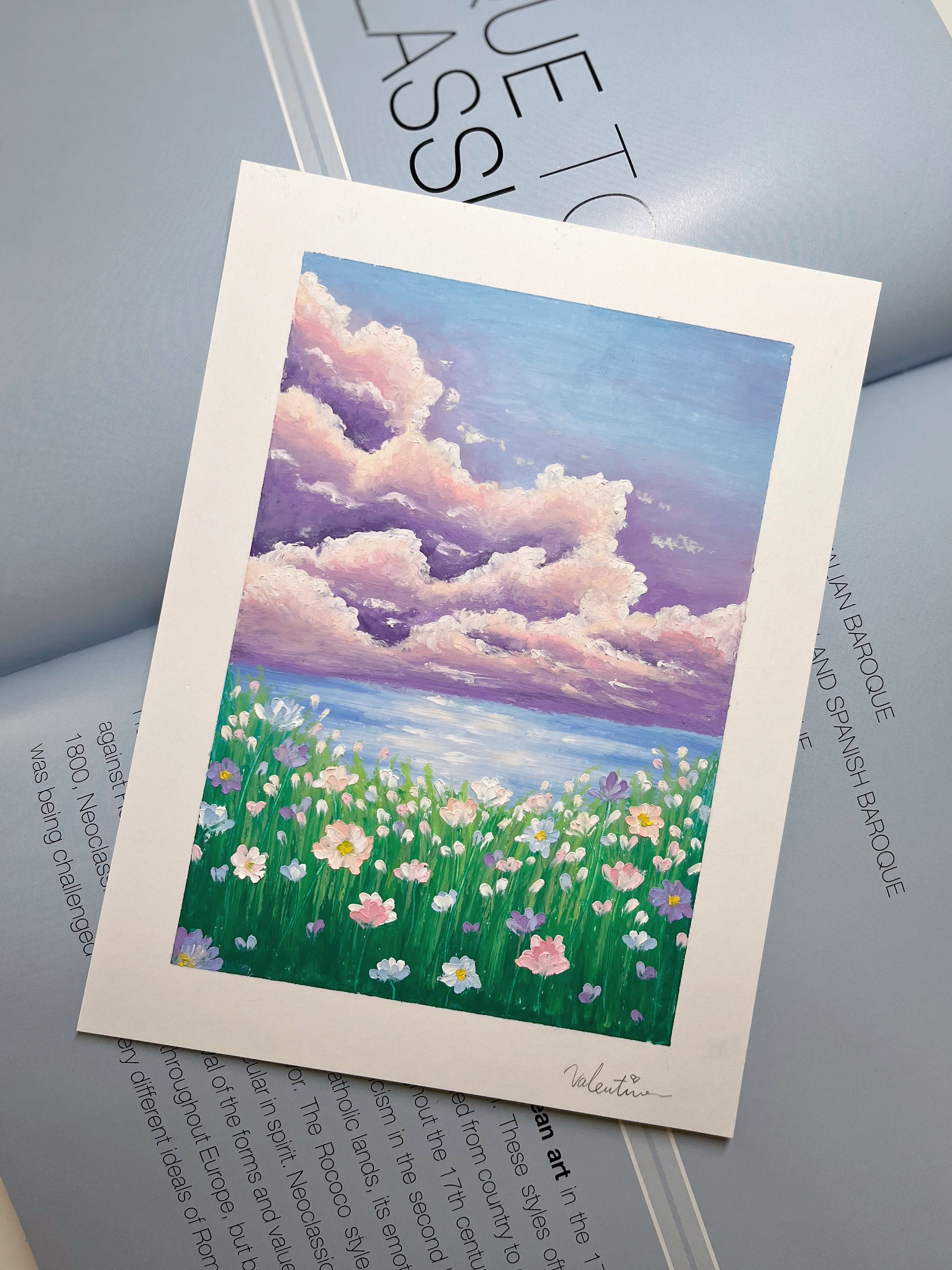 Hand Painted Oil Soft Pastel Art Painting Flowers, Clouds, Wall