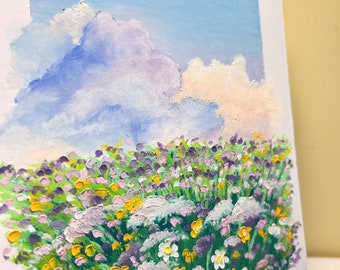 オリジナル手描きオイルパステル画：花咲く草原、雲景（5 1/2 x 8 1/4