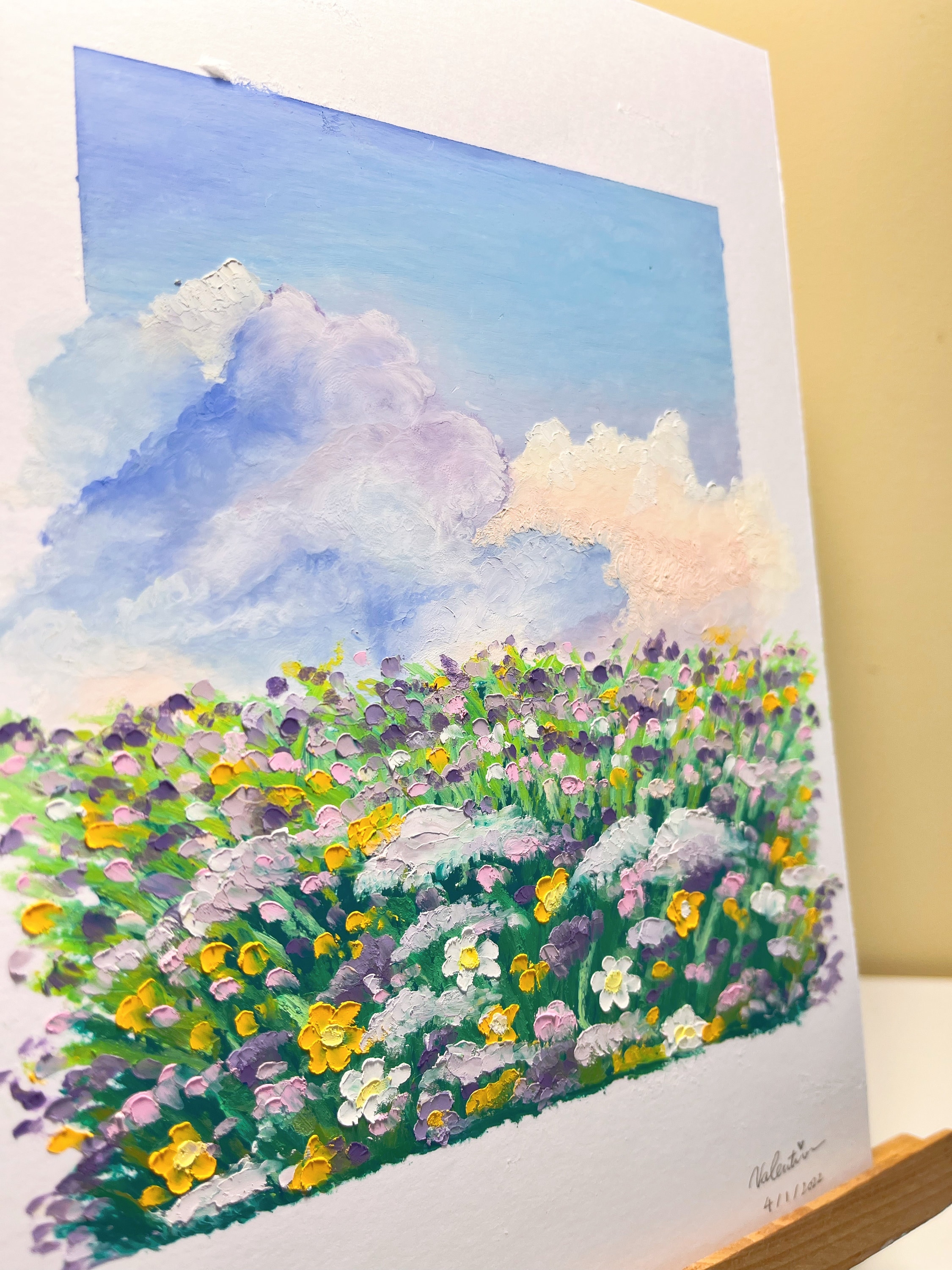 オリジナル手描きオイルパステル画：花咲く草原、雲景（5 1/2 x 8 1/4