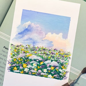 Hand Painted Oil Pastel Painting: Floral Meadow, Cloudscape (5 1/2 x 8 1/4)