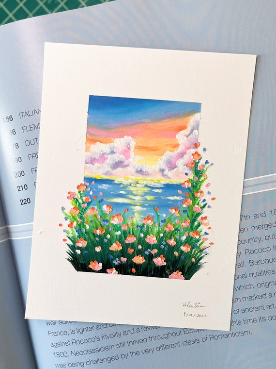 Hand Painted Soft Oil Pastel Painting Flowers Clouds Home Etsy