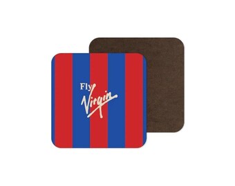May include: A square drink coaster featuring vertical red and blue stripes with the white text Fly Virgin printed in the centre. The coaster has a dark brown backing visible behind the main square, showing a flat, smooth surface design.