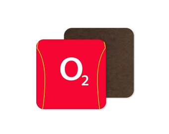 May include: A square coaster featuring a bright red surface with a white O2 logo in the center and thin yellow curved lines on the sides, partially overlapping a dark brown, textured square coaster with rounded corners.
