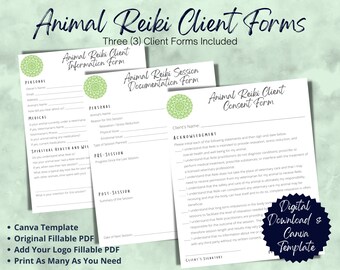Animal Reiki Forms Bundle (Client Information, Client Consent, Session Notes) Canva Template & Printable/Fillable Original and Add Logo PDFs
