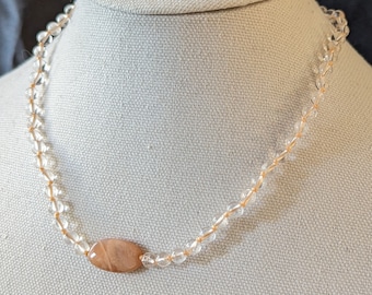 Clear Quartz and Peach Moonstone hand-knotted necklace (18.75")