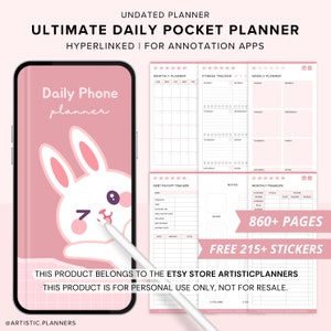 Può includere: Un'agenda digitale rosa con un disegno di coniglietto sullo schermo del telefono. Include layout mensili, fitness e settimanali, un tracker di rimborso del debito, note e pagine di finanza mensile. L'agenda ha più di 860 pagine e 215+ adesivi gratuiti.