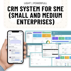 Könnte beinhalten: Ein Smartphone-Screenshot mit einem Diagramm der monatlichen Einnahmen und der aktuellen Aktivität, zusammen mit mehreren Screenshots der CRM-Systemoberfläche. Der Text oben lautet "LIGHT | POWERFULL CRM SYSTEM FOR SME (SMALL AND MEDIUM ENTERPRISES)".